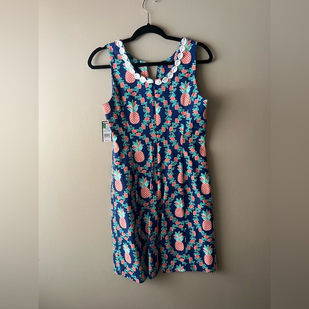 crown & ivy Navy Pineapple Print Sleeveless Midi Dress with White Lace Trim - Picture 2 of 4